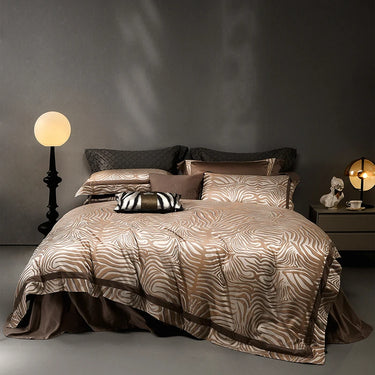 Luxury Brown Zebra Print Tropical Jacquard Egyptian Cotton Patchwork Duvet Cover Bedding Set